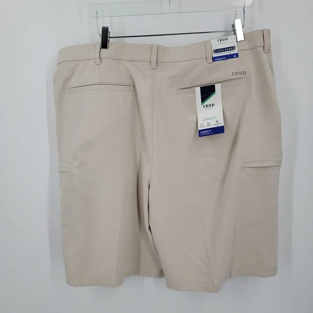 Izod Golf Shorts Mens 42 Beige Sport Flex Stretch UPF 15 Wicking Cargo Pockets